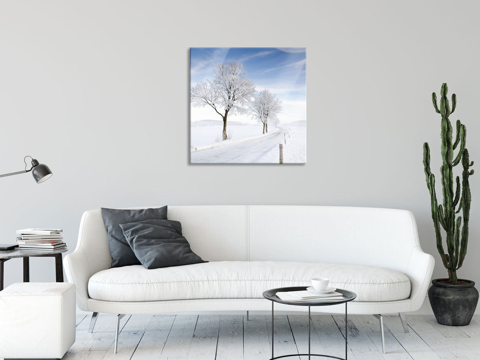 Baum im Schnee, Glasbild Quadratisch