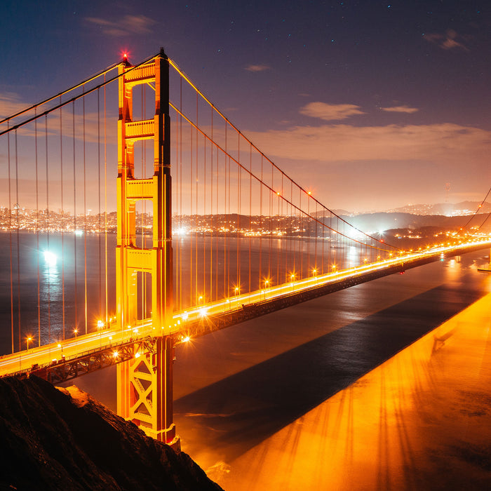 Golden Gate Bridge bei Nacht, Glasbild Quadratisch