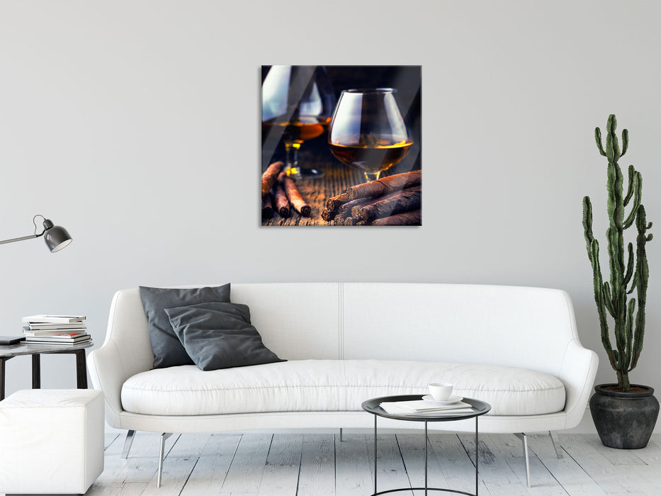 Whisky mit Zigarre, Glasbild Quadratisch