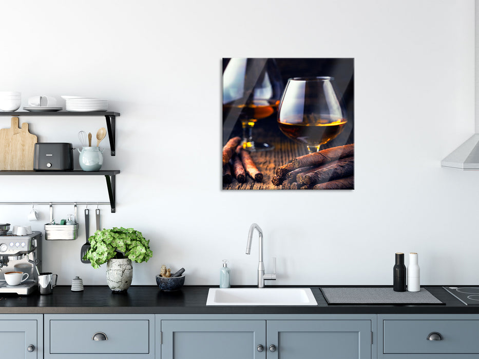 Whisky mit Zigarre, Glasbild Quadratisch
