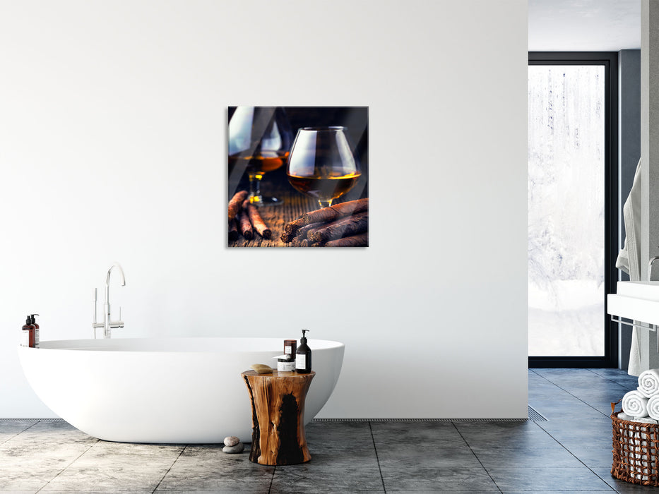 Whisky mit Zigarre, Glasbild Quadratisch