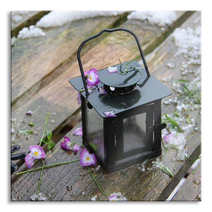 Pixxprint Laterne im Regen, Glasbild Quadratisch