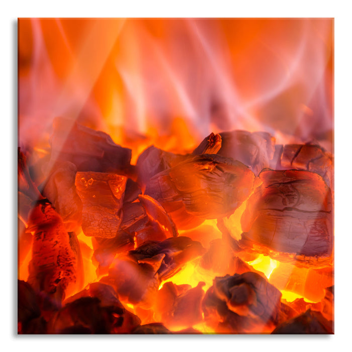 Pixxprint Holzkohle Feuer, Glasbild Quadratisch