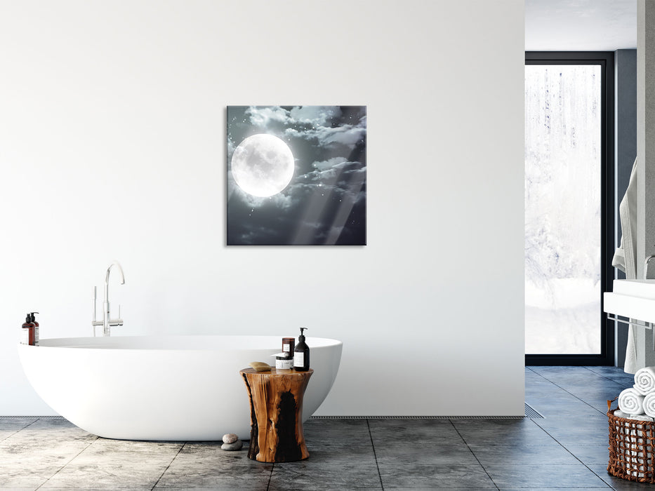 Vollmond Sterne Wolken, Glasbild Quadratisch