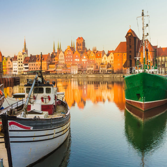 Hafen in der Dämmerung, Glasbild Quadratisch