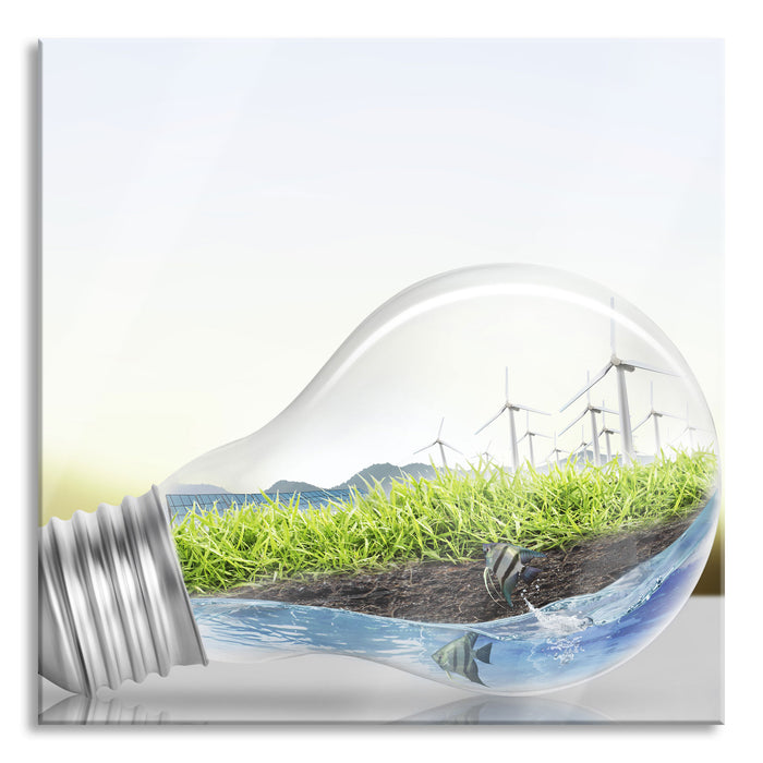 Pixxprint Glühbirne Erneuerbare Energien, Glasbild Quadratisch