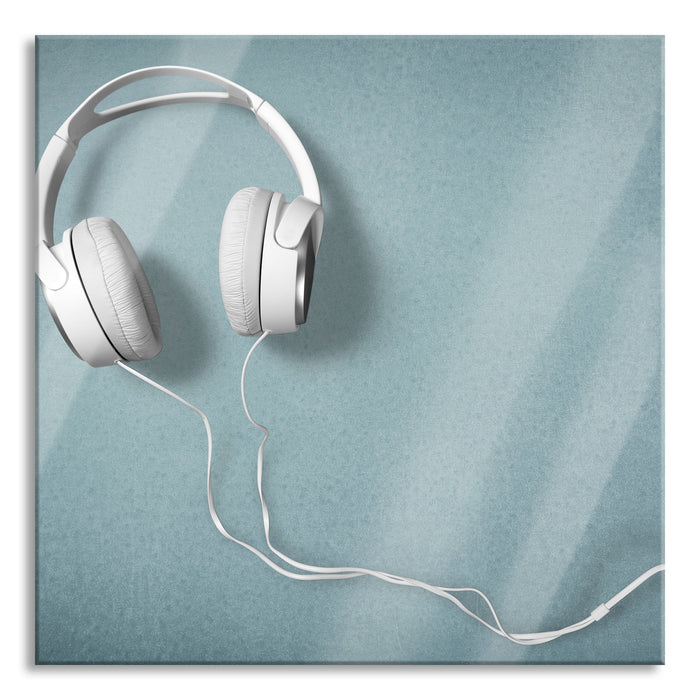 Pixxprint Weiße Kopfhörer, Glasbild Quadratisch