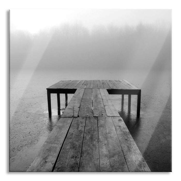 Steg am See Nebel, Glasbild Quadratisch