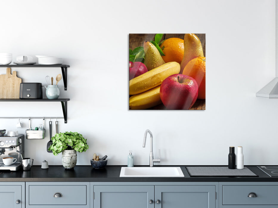 Obst Erdbeeren Kiwi Orangen, Glasbild Quadratisch