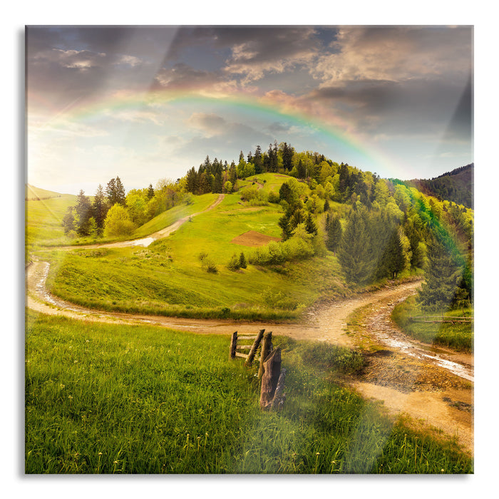 Pixxprint Landschaft mit Regenbogen, Glasbild Quadratisch