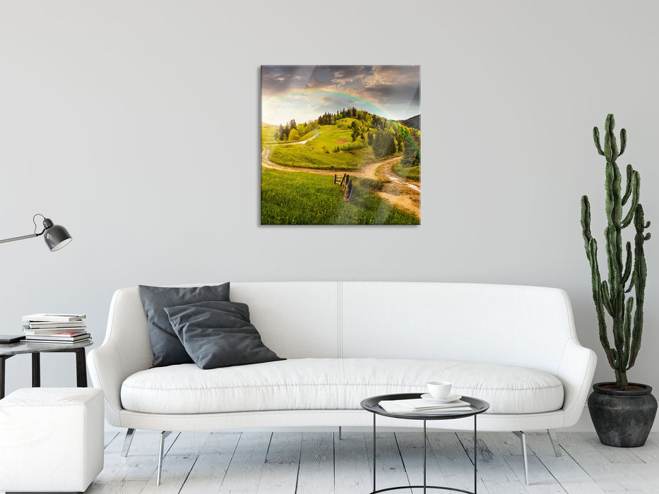 Landschaft mit Regenbogen, Glasbild Quadratisch