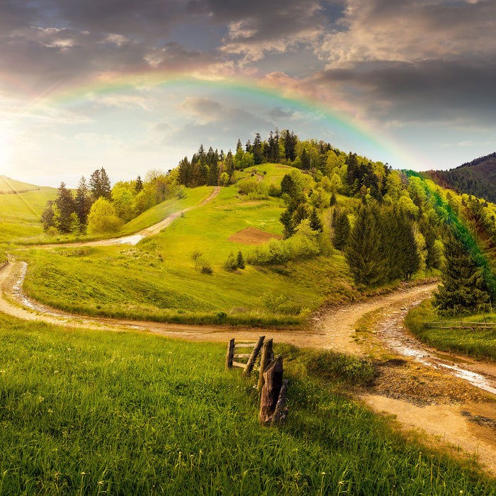 Landschaft mit Regenbogen, Glasbild Quadratisch