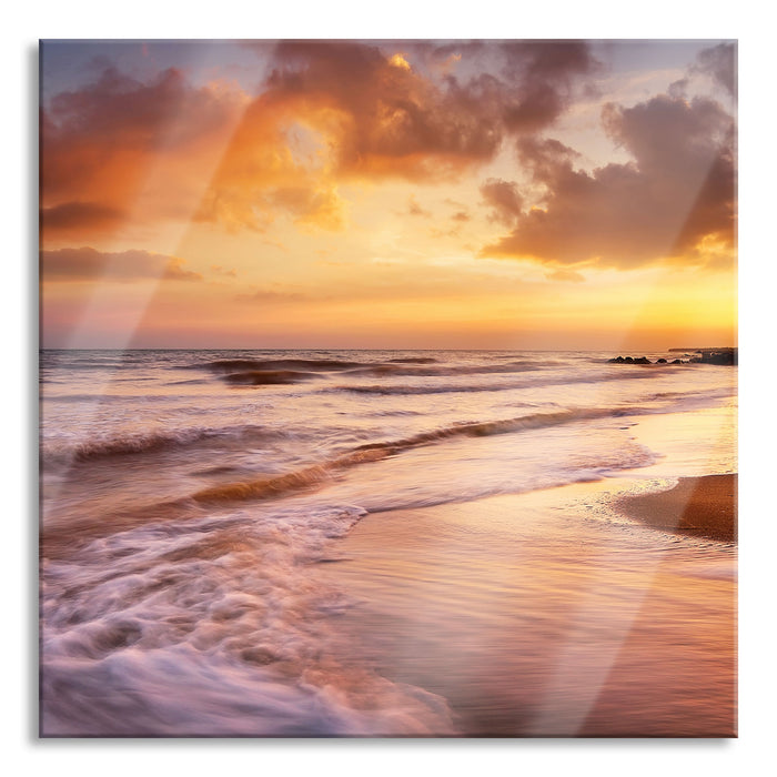 Pixxprint Meereshorizont Sonne hinter Wolken, Glasbild Quadratisch