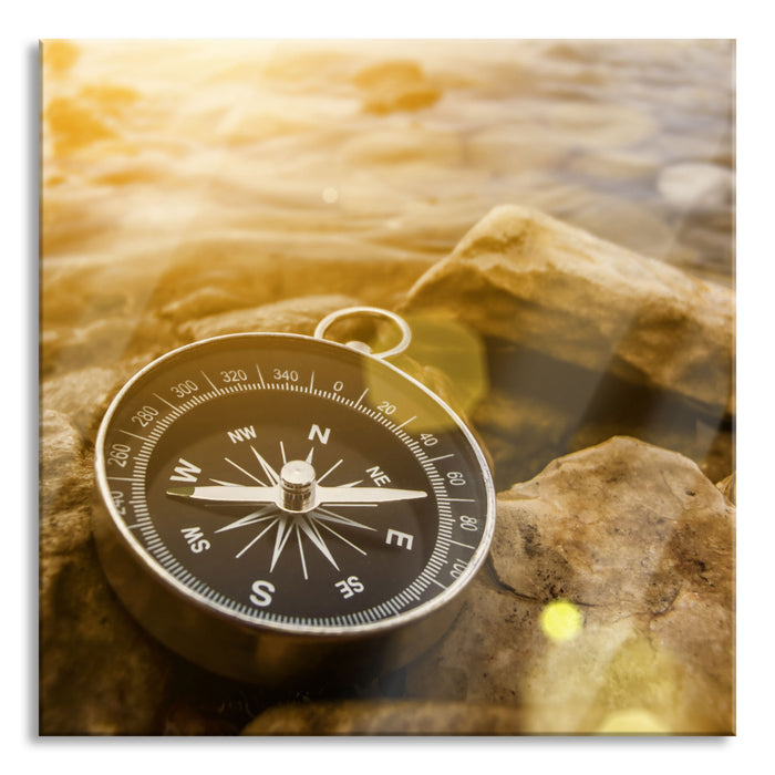 schöner Kompass Reiselust, Glasbild Quadratisch