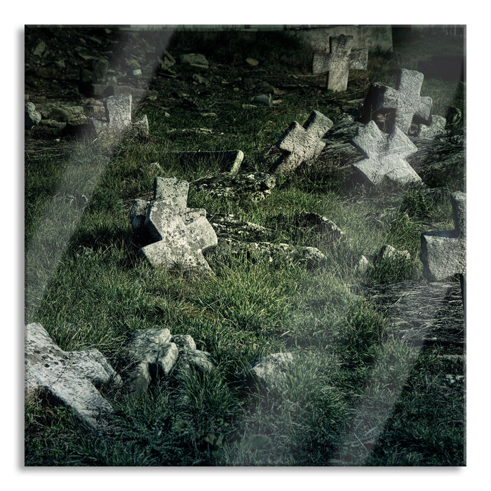 Friedhof schwarz weiß, Glasbild Quadratisch