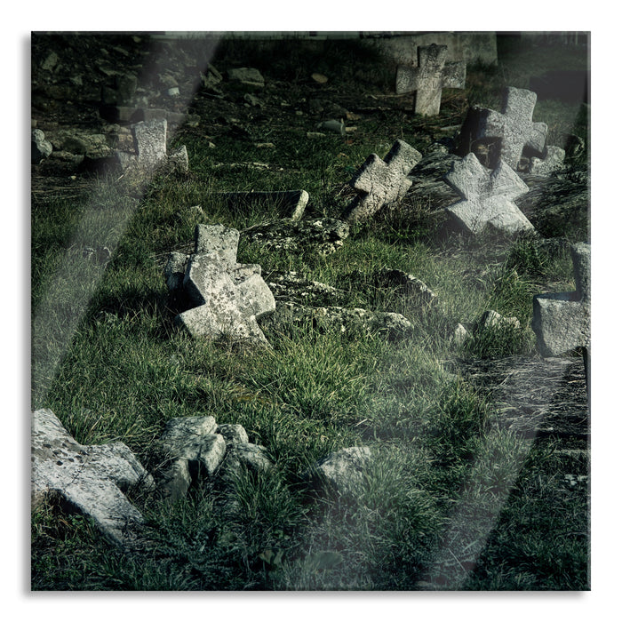 Pixxprint Friedhof schwarz weiß, Glasbild Quadratisch
