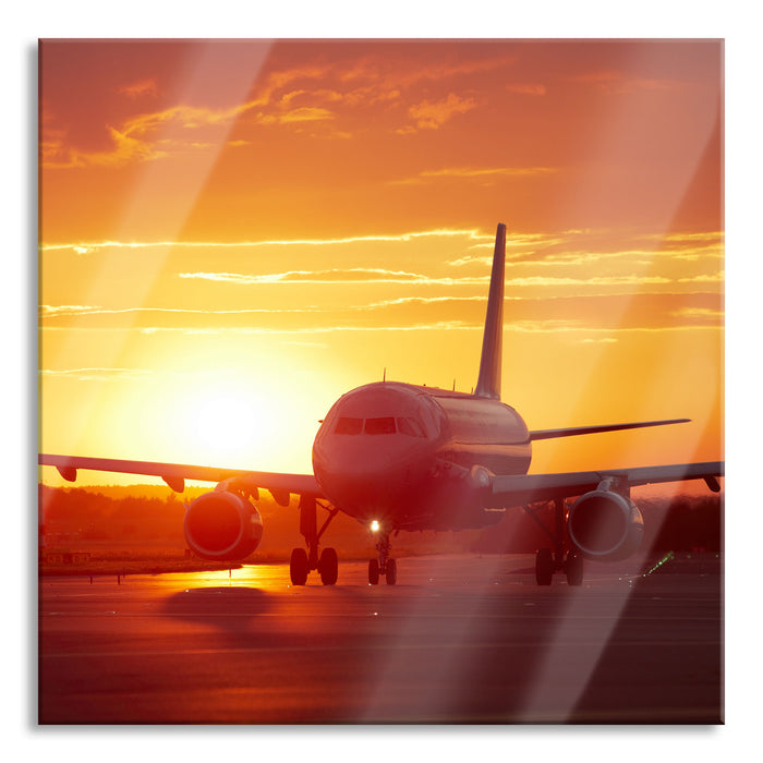 Pixxprint Flugzeug im Sonnenuntergang, Glasbild Quadratisch