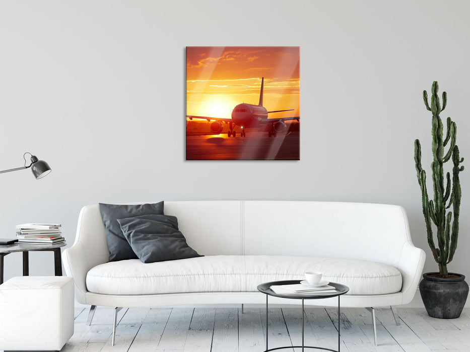 Flugzeug im Sonnenuntergang, Glasbild Quadratisch