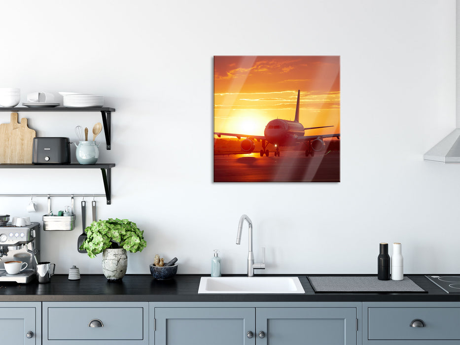 Flugzeug im Sonnenuntergang, Glasbild Quadratisch