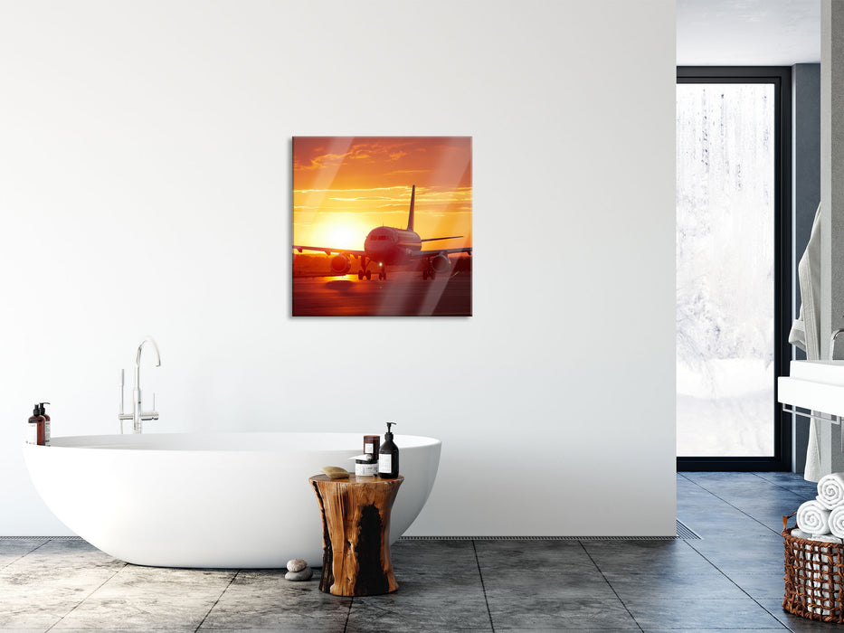 Flugzeug im Sonnenuntergang, Glasbild Quadratisch