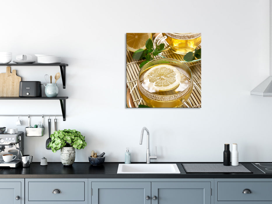 GrünerTee mit Zitrone, Glasbild Quadratisch