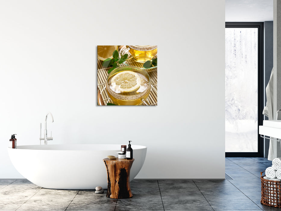 GrünerTee mit Zitrone, Glasbild Quadratisch