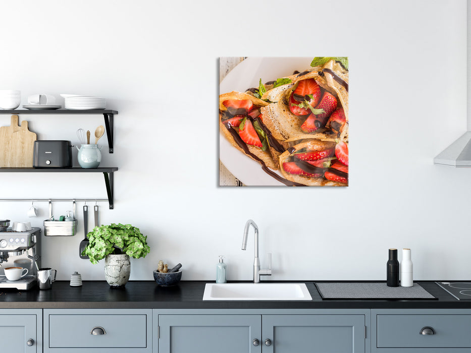 Crêpes mit Erdbeeren, Glasbild Quadratisch