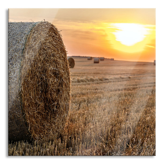 Pixxprint Strohballen auf Feld, Glasbild Quadratisch