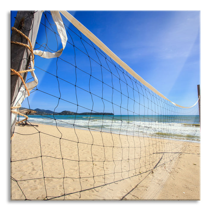 Volleyballnetz am Strand, Glasbild Quadratisch