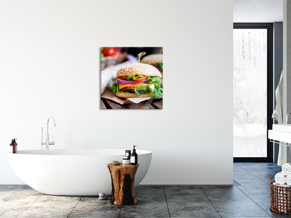 Burger und Pommes, Glasbild Quadratisch