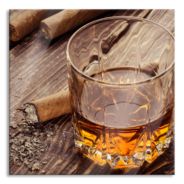 Pixxprint Whisky mit Zigarre, Glasbild Quadratisch