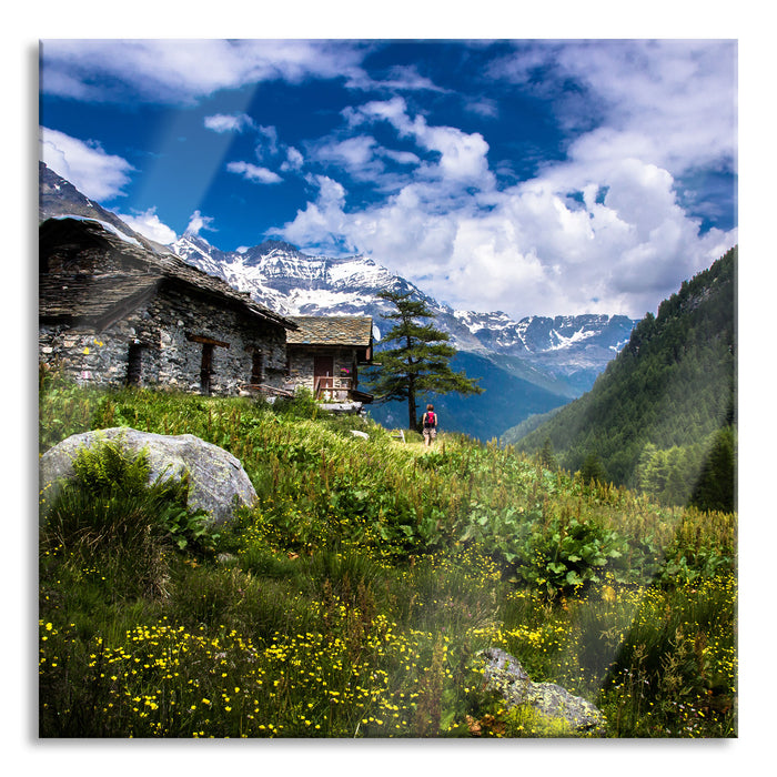 Pixxprint Wunderschöne Berghütte, Glasbild Quadratisch