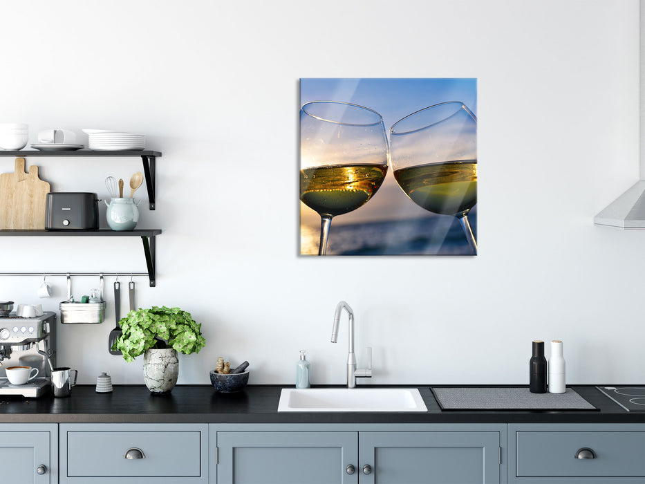 Weingläser Meer, Glasbild Quadratisch