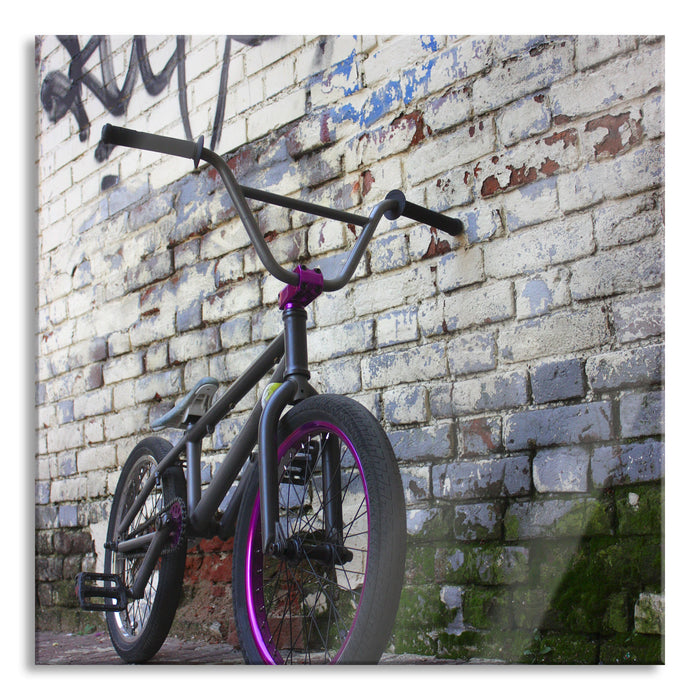 Pixxprint Fahrrad vor Graffitiwand, Glasbild Quadratisch