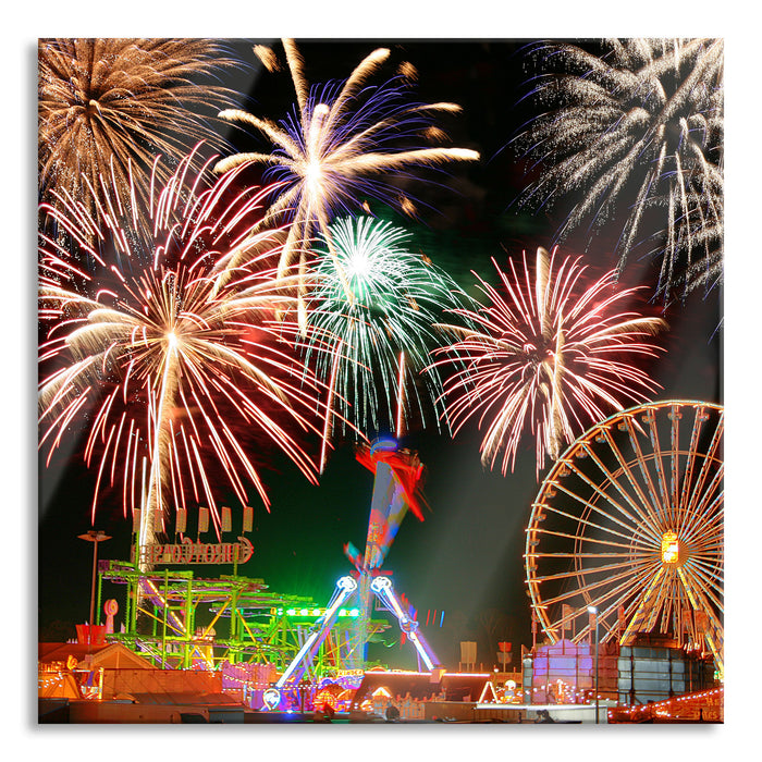 Pixxprint Silvester Riesenrad Feuerwerk, Glasbild Quadratisch