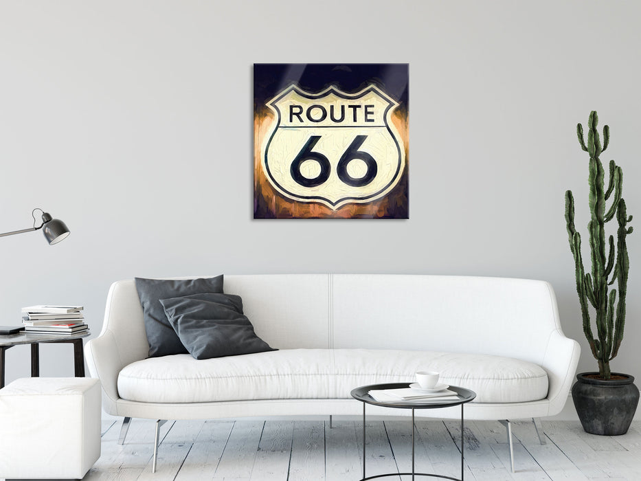 Route 66 Schild, Glasbild Quadratisch