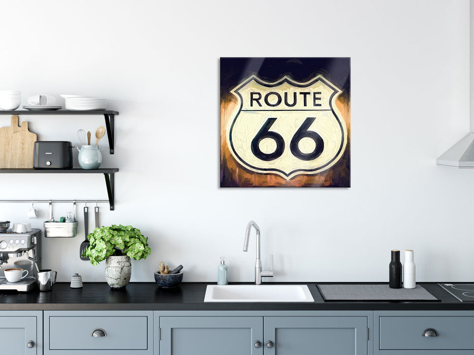 Route 66 Schild, Glasbild Quadratisch