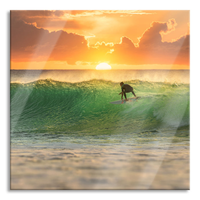 Pixxprint Surfen im Sonnenuntergang, Glasbild Quadratisch