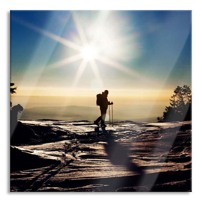 Pixxprint Wintersport Sonnenuntergang Ski, Glasbild Quadratisch