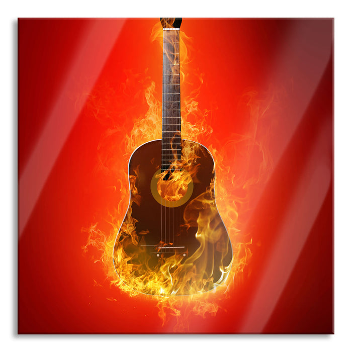 Brennende Gitarre Heiße Flammen, Glasbild Quadratisch