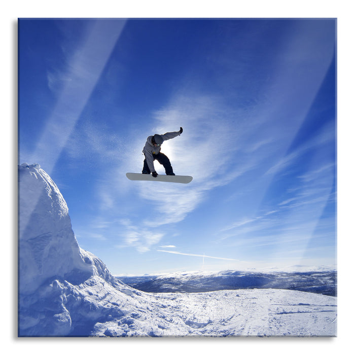 Pixxprint Snowboard Sprung Extremsport, Glasbild Quadratisch
