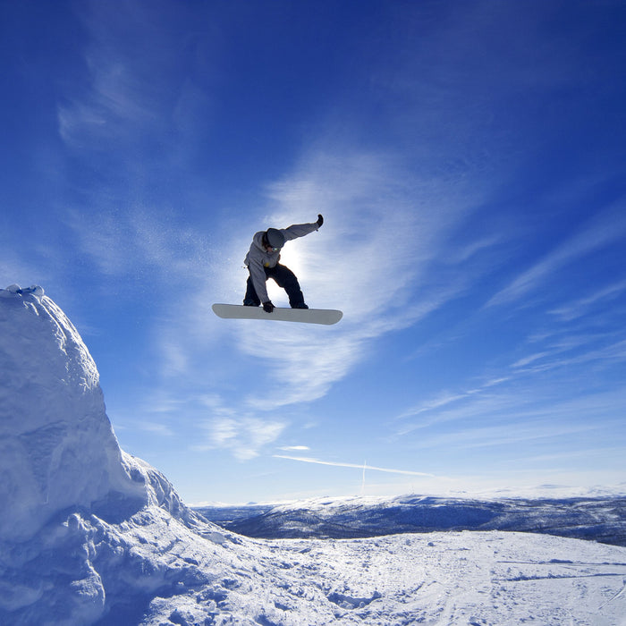 Snowboard Sprung Extremsport, Glasbild Quadratisch