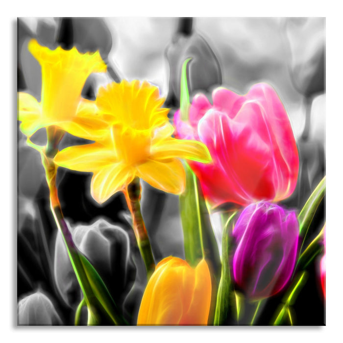 Pixxprint Narzissen und Tulpen, Glasbild Quadratisch