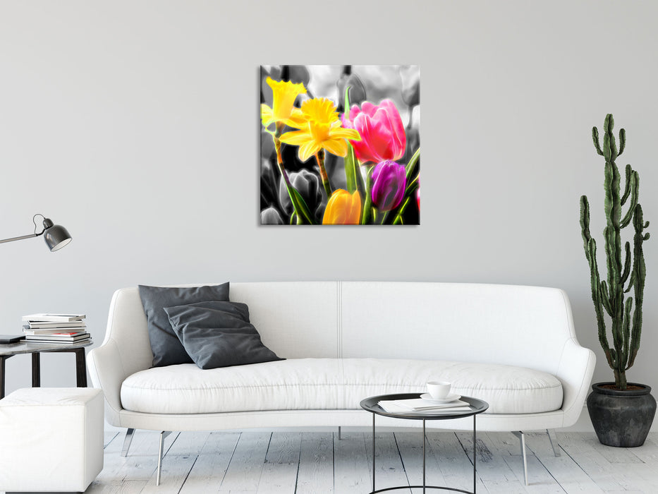 Narzissen und Tulpen, Glasbild Quadratisch