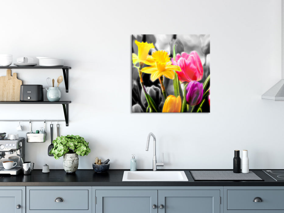 Narzissen und Tulpen, Glasbild Quadratisch