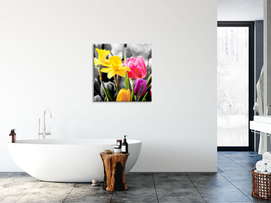 Narzissen und Tulpen, Glasbild Quadratisch