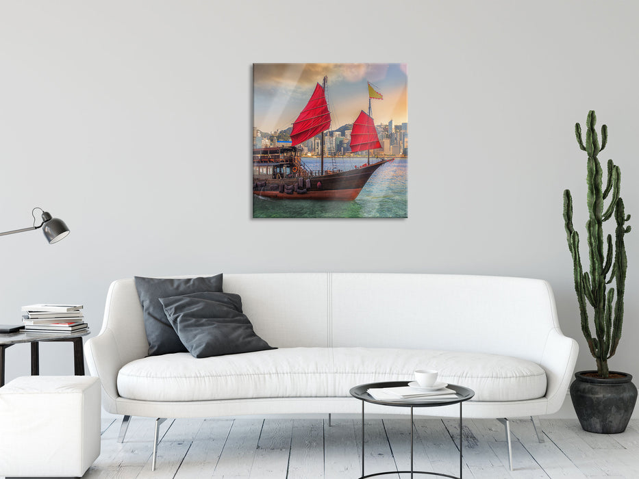 Segelschiff mit Segeln, Glasbild Quadratisch