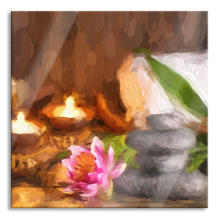 Kerzen mit Zen Steinen und Seerose, Glasbild Quadratisch