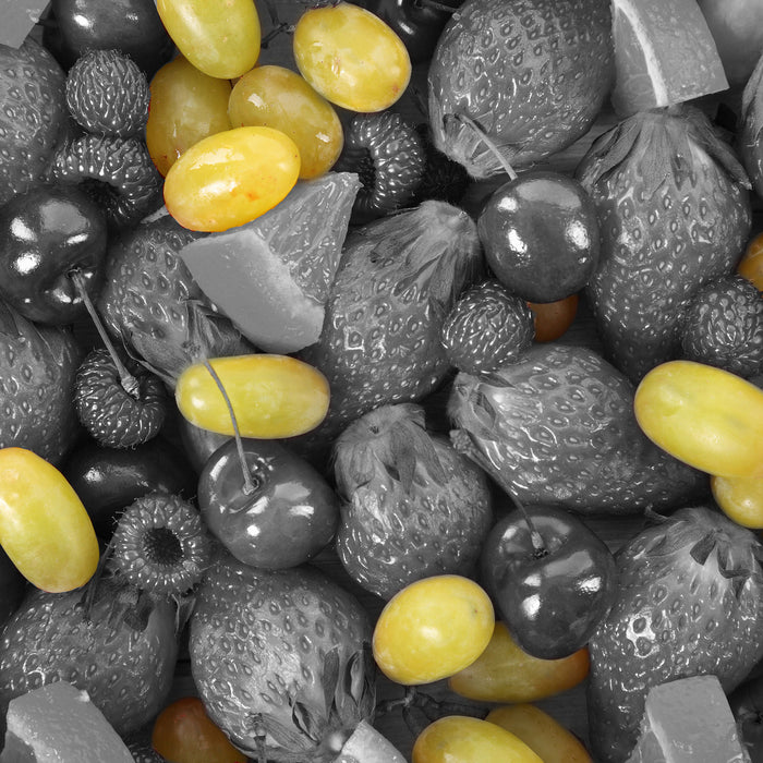 Bunter Obstmix mit Weintrauben, Glasbild Quadratisch