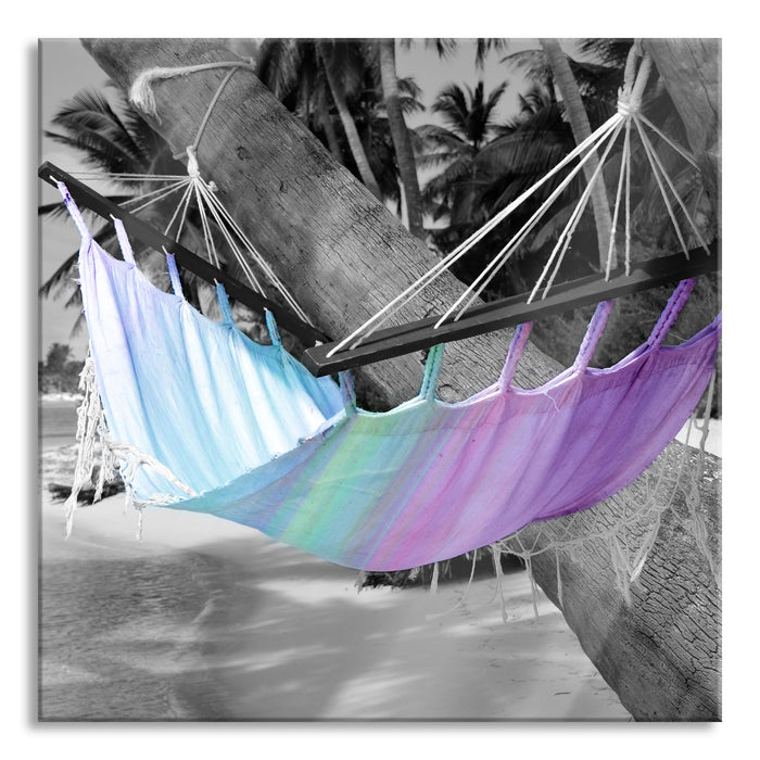 Pixxprint traumhafte Hängematte am Strand, Glasbild Quadratisch